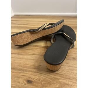 UGG Sandals Womens Size 9 Black Cork Wedge Leather Thong Flip Flop Platform